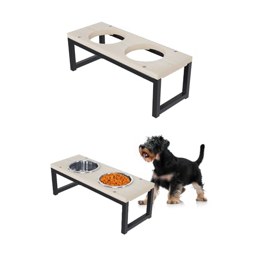 QLS Napfständer für Hunde aus Holz und Stahl 17,5 cm mit Doppel Futternapf inkl. 2X 0,9 L naturbelassen von QLS