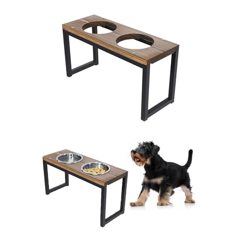 QLS Napfständer für Hunde aus Holz und Stahl 26,5 cm Doppel Futternapf 2X 09, L geflammt von QLS