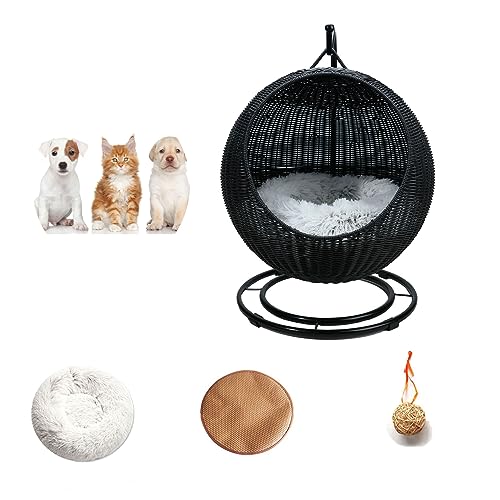 QLXYYFC Katzenbetten für Hauskatzen, Erhöhtes Katzenbett aus Rattan, Katzenzeltbett, Katzenhängematte mit Abnehmbarem, Waschbarem Kissen, Katzenschaukelbett (Color : Noir, Size : 43cm X 66cm) von QLXYYFC