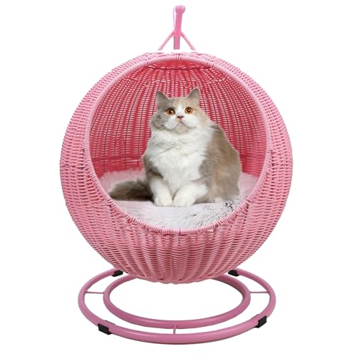 QLXYYFC Katzenschaukelbett aus Korbgeflecht, mit Zwei Abnehmbaren Kissen und Hängendem Ball, Hängendes Katzenbett für Kleine Hunde und Katzen Im Innen- und Außenbereich (Color : Pink, Size : 43cm X von QLXYYFC