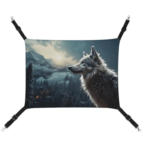 QMNVBDS Wolf at Night Katzen-Hängematte Frettchen-Hängematte Meerschweinchen-Hängematte Ratten-Hängematte Hängematte, Katzenbett, Chinchilla-Hängematte, Hamster-Hängematte, Katzenhängematte für Käfig, von QMNVBDS