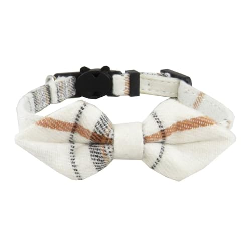Upgraded Breakaway Katzenhalsband mit Fliege und Glocke, verstellbare niedliche Karierte Baumwolle Kätzchen Halsband für männliche und weibliche Katzen und kleine Hunde (Beige) von QNDUGJFER