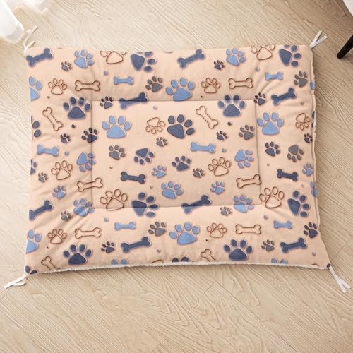 QOOMO Haustierbett-Matten mit Pfotenabdruck, ultraweich (Hund/Katze) mit niedlichen Tieraufdrucken für mittelgroße kleine Hunde und Katzen, maschinenwaschbar, 76,2 x 66 cm, Beige von QOOMO