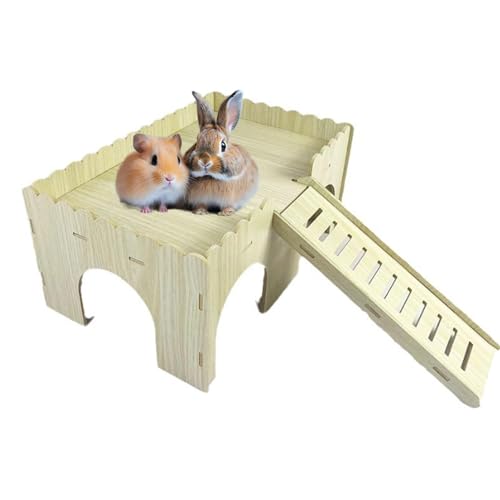 Großes Meerschweinchenhaus aus Holz – 4 Eingänge, Kleintierversteck mit Rampe, Hütten-Lebensräume mit Treppe für Hamster, Hasen, Chinchillas, Igel-G Spielen (Farbe: Holz) von QOTSTEOS