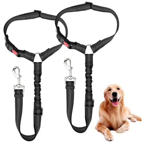 Hunde-Sicherheitsgurte für Autos, verstellbares Hundegeschirr mit elastischem Gummizug und abschließbarer Schnalle, starkes Zugseil für alle Arten von Hunden, 2 Stück (Farbe: Schwarz) von QOTSTEOS