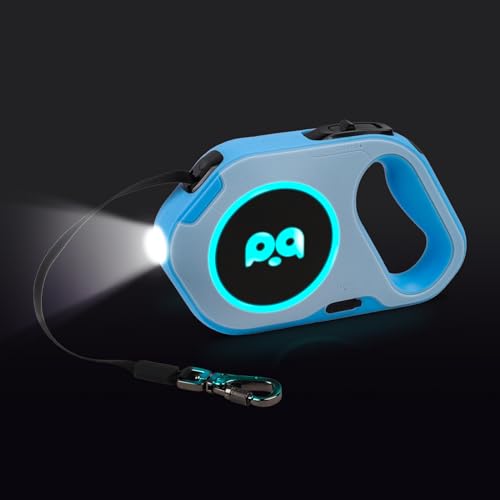Einziehbare Hundeleine mit Licht: Wiederaufladbare LED-Taschenlampe, 4,8 m, strapazierfähiges Nylonband für kleine, mittelgroße und große Hunde bis zu 250 kg, Walking, Training, Laufen (blau) von QQPETS