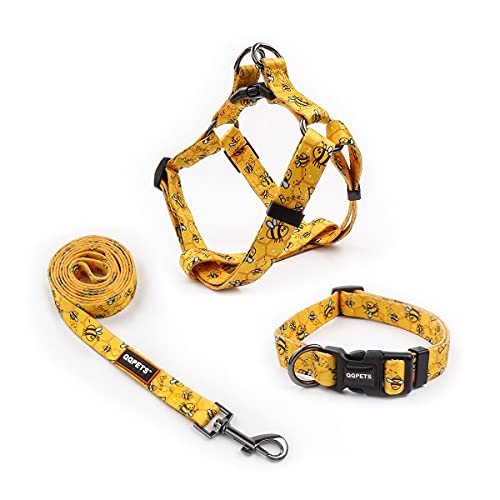 Hundehalsband, Leine, Set und einfaches Halsband, verstellbare Weste, Geschirr, Rücken-Clip, strapazierfähig, 1.5 m, Anti-Verdreh-Leine für extra kleine, Wandern (gelbe Biene, M) von QQPETS