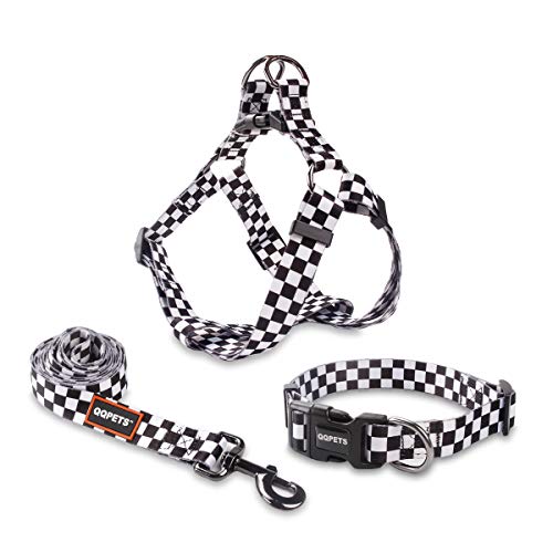 Hundehalsband, Leine, Set und einfaches Halsband, verstellbare Weste, Geschirr, Rücken-Clip, strapazierfähig, 1.5 m, Anti-Verdreh-Leine für extra kleine, Wandern (kariert, XS) von QQPETS