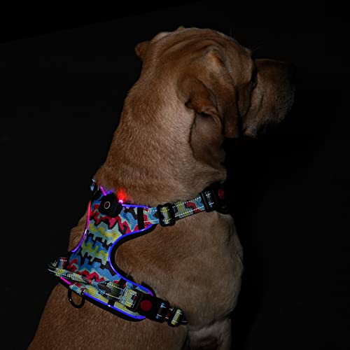 LED-Leuchtendes Hundegeschirr: USB wiederaufladbar, leuchtend, wasserdicht, reflektierend, kein Ziehen, Sicherheitsspaziergänge (buntes Spleißen, X-Large) von QQPETS
