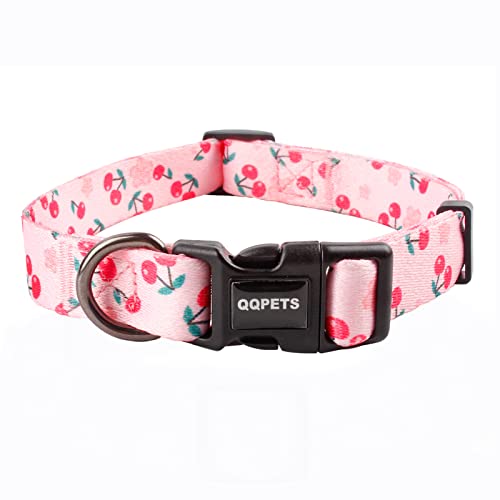QQPETS Cherry Garden Hundehalsband mit rosa Blumenmuster für XS / S / M / L, für Welpen, zum Spazierengehen / Laufen / Training (S, Sakura Pink) von QQPETS