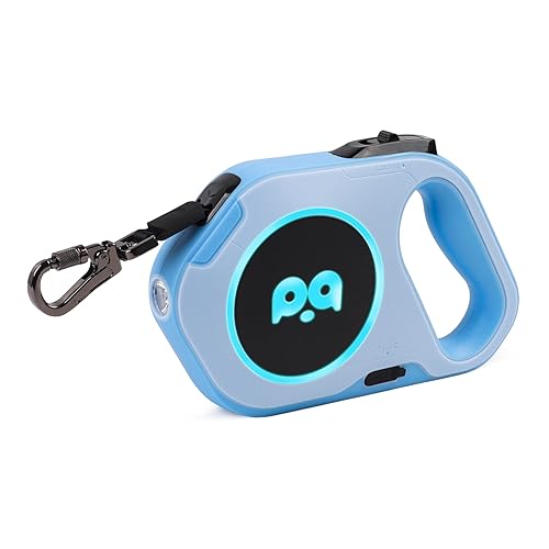 QQPETS Einziehbare Hundeleine mit wiederaufladbarem LED-Licht – 4,8 m starkes Nylonband für nächtliche Spaziergänge bis zu 40 kg Haustier – 360 ° verwicklungsfreie Einhandbremse, Pause, Schloss (blau) von QQPETS