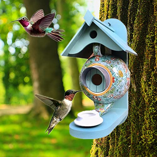 QTANZIQI Keramik-Teekannen-Vogelhäuschen und Holz/Schmiedeeisen-Vogelhaus-Kombination - Grüner Vogelnistkasten für Gartendekoration und Haustiergenuss von QTANZIQI