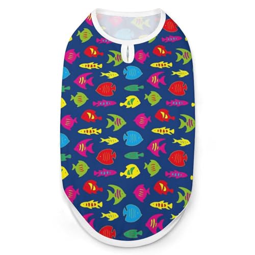 Hunde-Shirt, Motiv: bunte Fische auf blauem Hintergrund, für Haustiere, Katzen, ärmellos, Tanktop, atmungsaktiv, für kleine Welpen, Größe M Hunde-Shirt, Motiv: bunte Fische auf blauem Hintergrund, für Haustiere, Katzen, ärmellos, Tanktop, atmungsaktiv, für kleine Welpen, Größe M von QTAVETEND