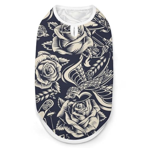 Hunde-Shirt, Vintage-Tattoo-Muster, für Haustiere, Katzen, ärmellos, Tanktop, atmungsaktiv, für kleine Welpen, Größe S Hunde-Shirt, Vintage-Tattoo-Muster, für Haustiere, Katzen, ärmellos, Tanktop, atmungsaktiv, für kleine Welpen, Größe S von QTAVETEND