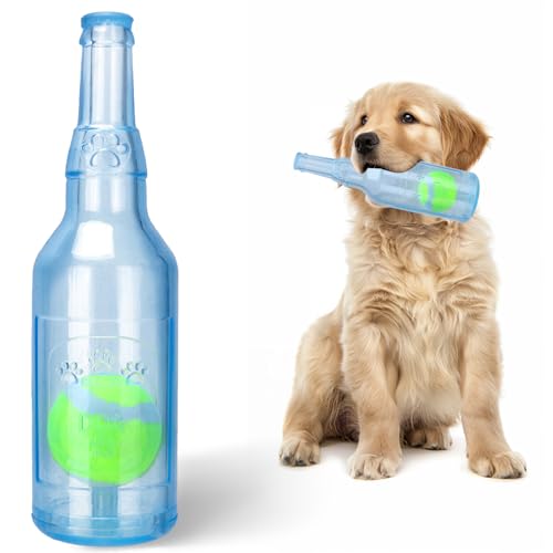 QTLJJBY Interaktives Hundespielzeug in Wasserflaschenform mit Tennisball im Inneren, 2 Größen, quietschendes Kauspielzeug für Welpen (Blau, Groß) von QTLJJBY