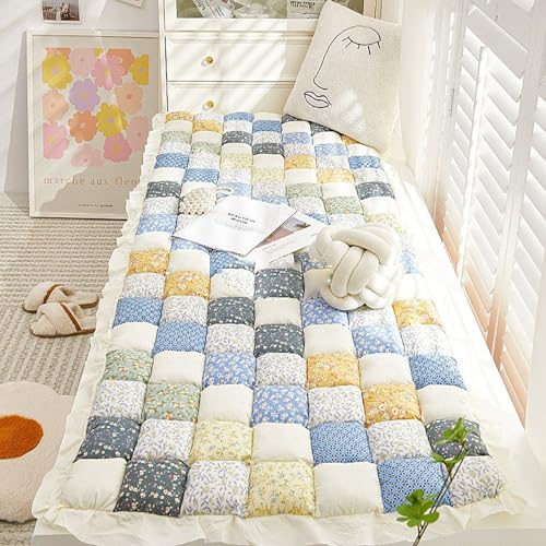 QTQHOME Boho-Sitzkissen für Erkerfenster, handgefertigt, Patchwork-Couchbezug, rutschfest, weiche Bodenmatte, Stuhl, Sitz für Hunde, Katzen, Haustierbereich, Matte (70,1 x 210,1 cm, blau) von QTQHOME