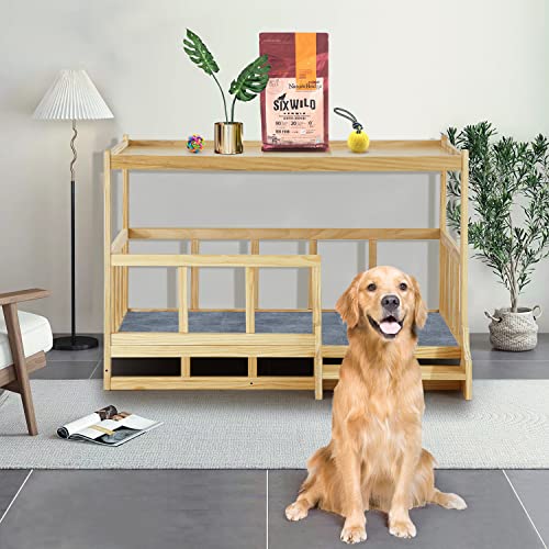 QTQHOME Etagenbett aus Holz, Haustier-Holzrahmen-Betten mit Stufen, Doppel-Hundebett, Ständer, perfekt für große/extra große Hunde, moderner Stil, wasserdicht, leicht zu reinigen, groß von QTQHOME