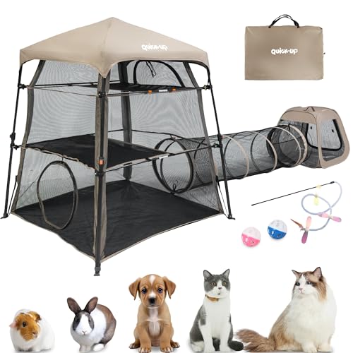 Katzengehege, Kätzchen- und Turmzelt für drinnen und draußen, 3-stöckiger Käfig innen, Outdoor-Katio, tragbar und faltbar, Design mit zwei Türen, Spieltunnel + Würfel (mit drei Möglichkeiten) von QUICK-UP