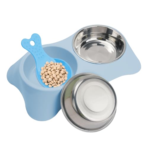 QUMENEY Doppelter Hundenapf Edelstahl Double Bowls Set mit 1 Pet Food Spoop rutschfeste abnehmbare Hundefressnäpfe für Katzen Hunde Wasser Fütterung (Blau) von QUMENEY