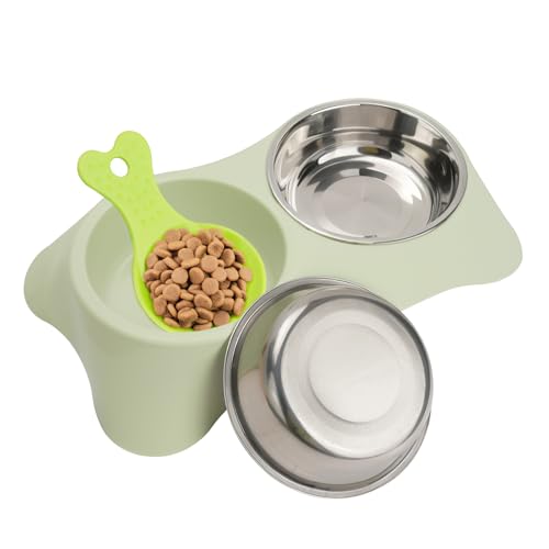 QUMENEY Doppelter Hundenapf Edelstahl Double Bowls Set mit 1 Pet Food Spoop rutschfeste abnehmbare Hundefressnäpfe für Katzen Hunde Wasser Fütterung (Grün) von QUMENEY