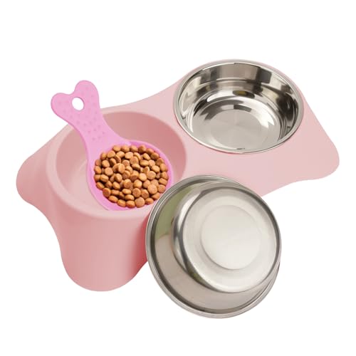 QUMENEY Doppelter Hundenapf Edelstahl Double Bowls Set mit 1 Pet Food Spoop rutschfeste abnehmbare Hundefressnäpfe für Katzen Hunde Wasser Fütterung (Rosa) von QUMENEY
