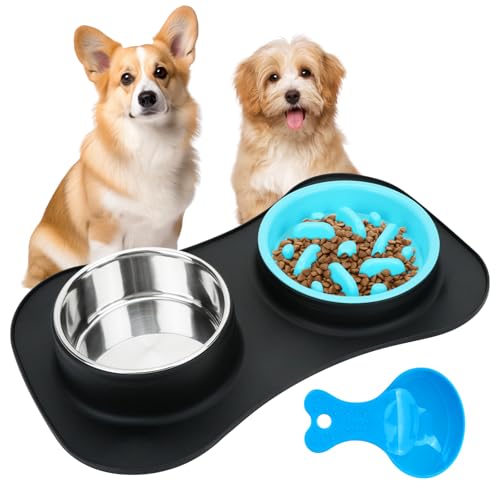 QUMENEY Doppeltes rutschfestes Hundefutter- und Wassernapf-Set Slow Feeder-Hundenapf Edelstahlnapf mit 1 Futterlöffel zum Füttern von Hunden Katzen und Welpen (schwarz) von QUMENEY