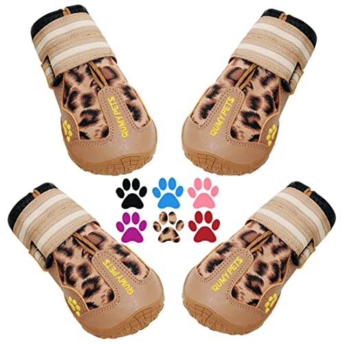 QUMY Hundeschuhe für große Hunde, mittelgroße Hundestiefel & Pfotenschutz für Winter Schneetag, Sommer heißer Bürgersteiger, Outdoor-Spaziergänge, Indoor-Hartböden Anti-Rutsch-Sohle Leopard Größe 1 von QUMY