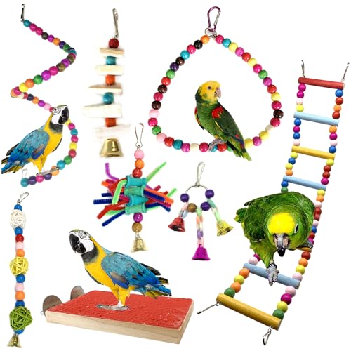 QUOZUO Bird Toys Parakeet Cage Accessories, 8 Stück Vogelspielzeug, Papageienspielzeug Kauspielzeug Vögel Spielzeug Holz Sitzstangen Plattform, Schaukel, Sitzplatz, Holz Leitern für Sittiche von QUOZUO
