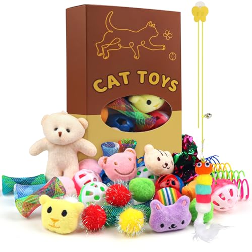 QUOZUO Katzenspielzeug, 38-teiliges Katzenbälle, Feder-Spielzeug-Set, glitzernder Ball, Katzen-Maus-Spielzeug, knisternde Bälle, hängende Tür, Plüschspielzeug, weiche Pompom-Bälle, Geschenkbox-Stile von QUOZUO