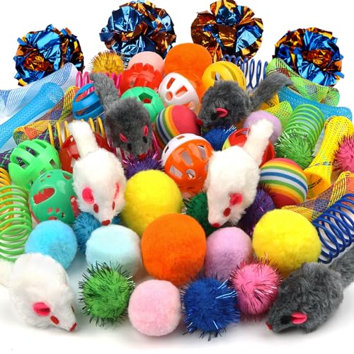 QUOZUO Katzenspielzeug Bälle, 60 Stück Katzenspielzeug Ball Maus katzenbälle, Katzen Spielzeug Frühling, Mäuse Spielzeug für Katzen Kitten von QUOZUO
