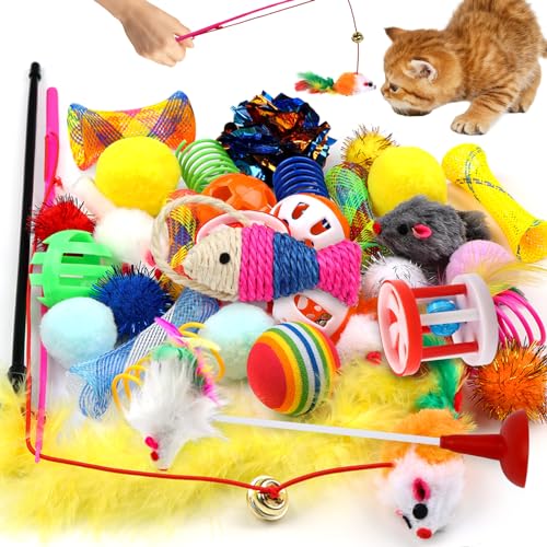 QUOZUO Katzenspielzeug Set, 32 Stück Interaktives Katzen Spielzeug Variety Pack für Katzen Kitten, Bälle, Teaser Stab mit Maus, Federspielzeug, Plüschspielzeug, Spielzeugmäuse QUOZUO Katzenspielzeug Set, 32 Stück Interaktives Katzen Spielzeug Variety Pack für Katzen Kitten, Bälle, Teaser Stab mit Maus, Federspielzeug, Plüschspielzeug, Spielzeugmäuse von QUOZUO