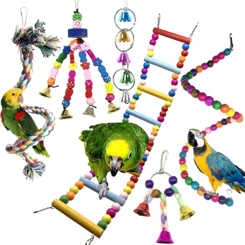 QUOZUO Vögel Spielzeug Vogel Papagei Schaukel Glöckchen Swing Vogelspielzeug Hölzerne Strickleiter für Sittiche Nymphensittiche, sittichen, Aras, Papageien, Finken, 6 Stück von QUOZUO