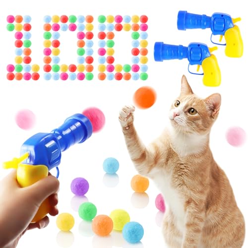 QUQOQO Katzenspielzeug Bälle mit 2 Launcher, 100 Katzen Pompom Bälle, Interaktives Kätzchen Selbstspiel Katzen Spielzeug für Innen, Leise Katze Apportieren Spielzeug Plüschball, Aktive Katze Übung von QUQOQO