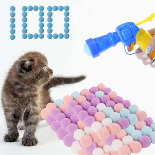 QUQOQO Katzenspielzeugbälle mit Launcher Gun, 100 Pompons, interaktives Katzenspielzeug für Indoor-Katzen, weich, flauschig, Plüschball, Schießpistole, aktives Katzen-Übungsspielzeug, Training, von QUQOQO