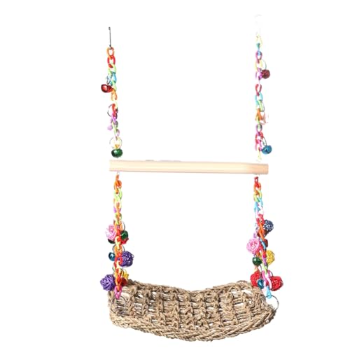 QUR Vogelschaukel-Spielzeug mit Glocken, Seegras-Webplattform-Hängemattenschaukel mit Holzstangenständer, Vogelkletter-Hängehängematte QUR Vogelschaukel-Spielzeug mit Glocken, Seegras-Webplattform-Hängemattenschaukel mit Holzstangenständer, Vogelkletter-Hängehängematte von QUR