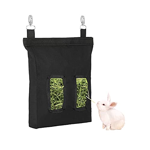 Kaninchen-Heu-Futterspender für kleine Schweine, Heu, zum Aufhängen, für Kaninchen, Meerschweinchen, Chinchilla, Hamster, kleine Haustiere, schwarz, 25 x 28 x 2,5 cm von QUUPY