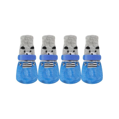 QUXVUIS 4 Stück Haustierschuhe Regen Schnee Stiefel Wasserdichtes Socken Set mit Gummisohle Strumpf Schuhe Kleiner Hund Hartholz Indoor, Blau, L von QUXVUIS