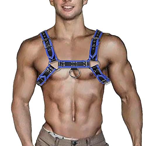 Harness for Man Adjustable Leather Harness Body Chest Half Harness Punk Belt Clubwear Kostüm, Blau-Echtleder, Einstellbar von QUYU