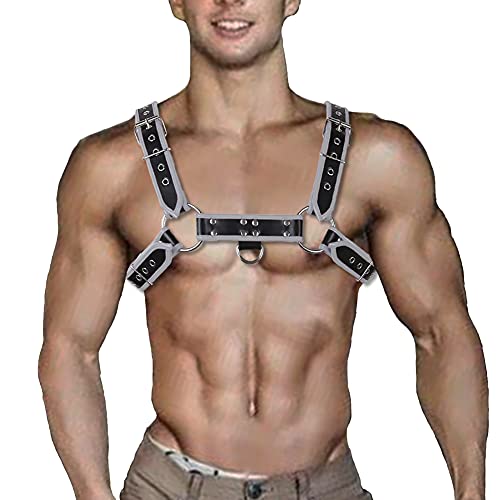Harness for Man Adjustable Leather Harness Body Chest Half Harness Punk Belt Clubwear Kostüm, Graues echtes Leder, Einstellbar von QUYU