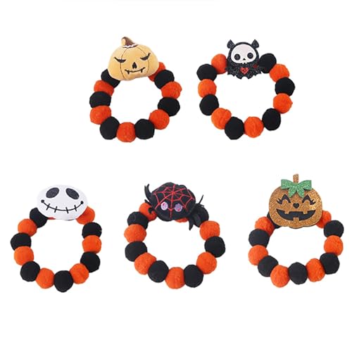 5er-Pack Halloween-Haustier-Halsbänder mit Totenkopf- und Kürbis-Muster, perfektes Haustierzubehör, Halloween-Elemente, geeignet für Katzen und kleine Hunde (M) von QVK