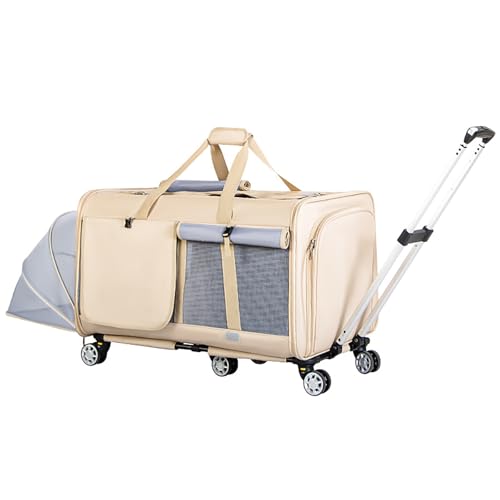 Erweiterbare Haustier-Tragetasche Haustier-Reisebox, Zwei-Box, mit abnehmbaren Rädern, verstellbaren Trennwänden und Teleskopgriff, geeignet für kleine und mittelgroße Hunde und Katzen (Beige) von QVK
