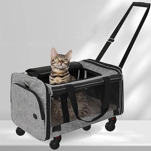 Extra große Haustier-Tragetasche mit Rädern, 3-seitige Netzfenster, Kaschmirkissen und Teleskopgriff, kann Haustiere bis zu 9 kg halten, geeignet für kleine und mittelgroße Katzen oder Hunde, Grau + von QVK