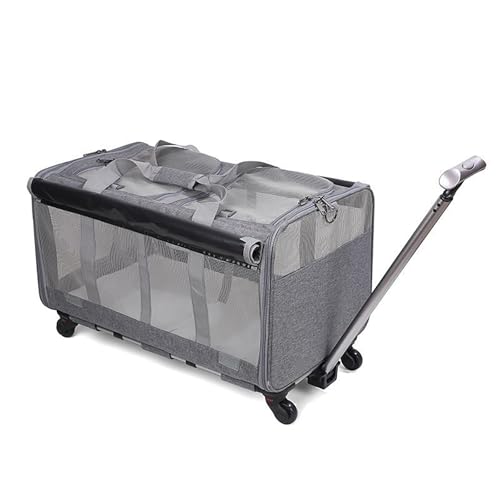 Extra große Katzentasche, weiche seitliche Räder, faltbar, kleine und mittelgroße Hunde-Haustiertasche, zwei Fächer, mit Rollen, verstellbaren Trennwänden und Teleskopgriff, geeignet für große Katzen von QVK