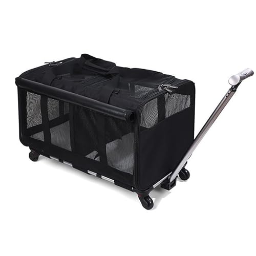 Extra große Katzentasche, weiche seitliche Räder, faltbar, kleine und mittelgroße Hunde-Haustiertasche, zwei Fächer, mit Rollen, verstellbaren Trennwänden und Teleskopgriff, geeignet für große Katzen von QVK