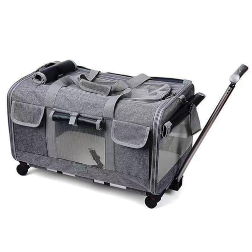 Extra große Tragetasche für Haustiere mit Rollen, verstellbaren Gurten und Teleskopgriff, faltbare weiche Haustierbox, 18 kg Tragkraft, geeignet für große Katzen oder zwei kleine Katzen (Hellgrau) von QVK