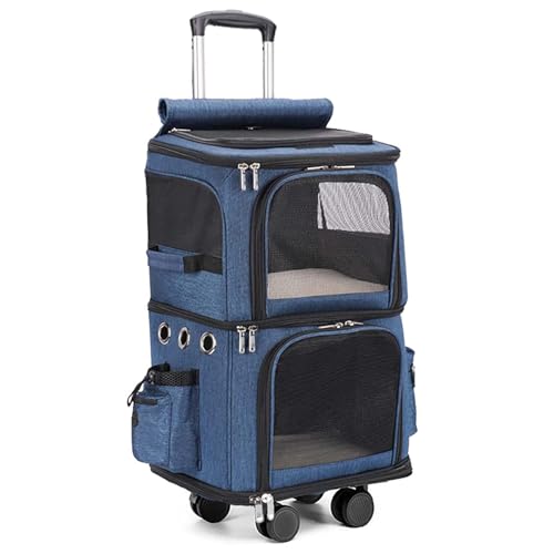 Extra großer Doppelfach-Haustierrucksack für 2 Katzen, große Kapazität, belüftet, mit abnehmbaren Rädern und Teleskopgriff, geeignet für kleine und mittelgroße Hunde und Katzen (Dunkelblau) von QVK