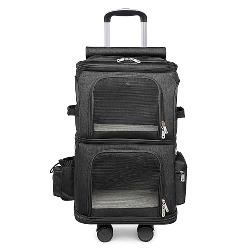 Extra großer Doppelfach-Haustierrucksack für 2 Katzen, große Kapazität, belüftet, mit abnehmbaren Rädern und Teleskopgriff, geeignet für kleine und mittelgroße Hunde und Katzen (Schwarz) von QVK
