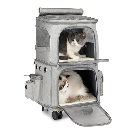 Extra großer Haustier-Rucksack mit zwei Fächern für 2 Katzen, große Kapazität, belüftet, mit abnehmbaren Rädern und Teleskopgriff, geeignet für kleine und mittelgroße Hunde und Katzen (Grau) von QVK