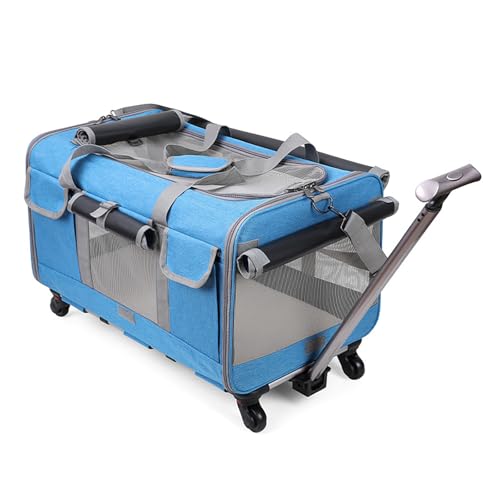 Großer Katzenkäfig mit Rädern, rollende Haustier-Schleppbox, mit Teleskopgriff und verbesserten Rädern, kann bis zu 15 kg tragen, perfekt für Reisen, Spaziergänge und Camping, Blau von QVK
