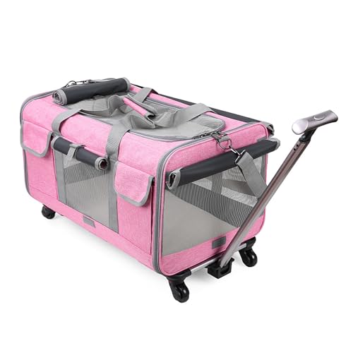 Großer Katzenkäfig mit Rädern, rollende Haustier-Schleppbox, mit Teleskopgriff und verbesserten Rädern, kann bis zu 15 kg tragen, perfekt für Reisen, Spaziergänge und Camping (Rosa) von QVK